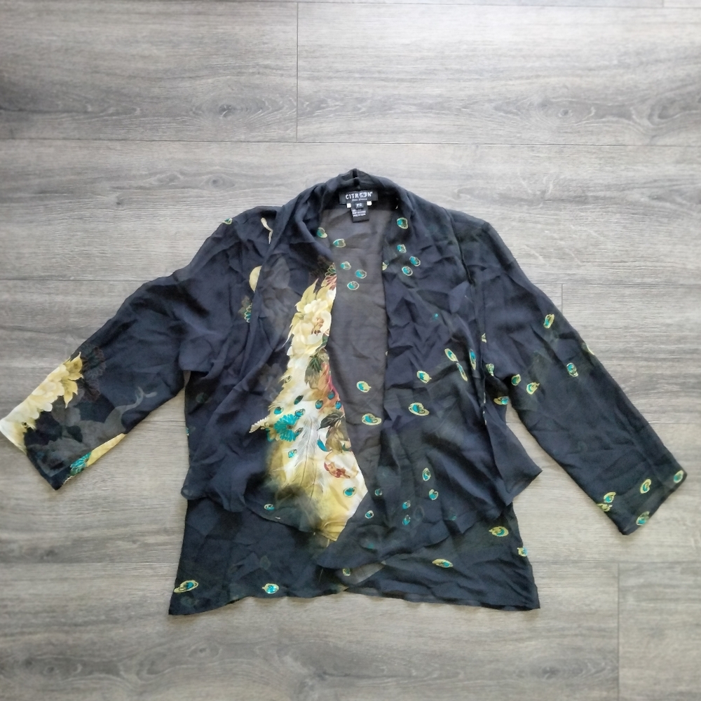 Citron Santa Monica Sheer Silk Jacket Topper Size PS Open Cardigan Artsy Peacock